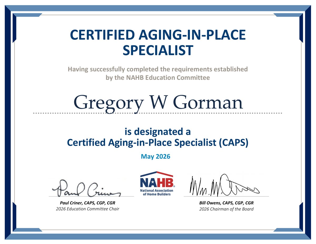 CAPS certificate issued to Gregory W Gorman, May 2026, by the National Association of Home Builders