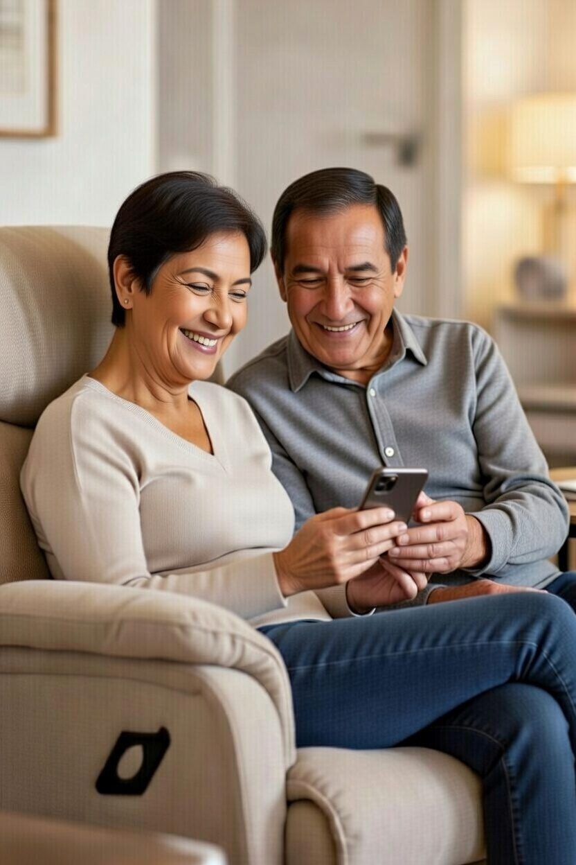 An older couple sitting together at home, smiling and looking at a smartphone