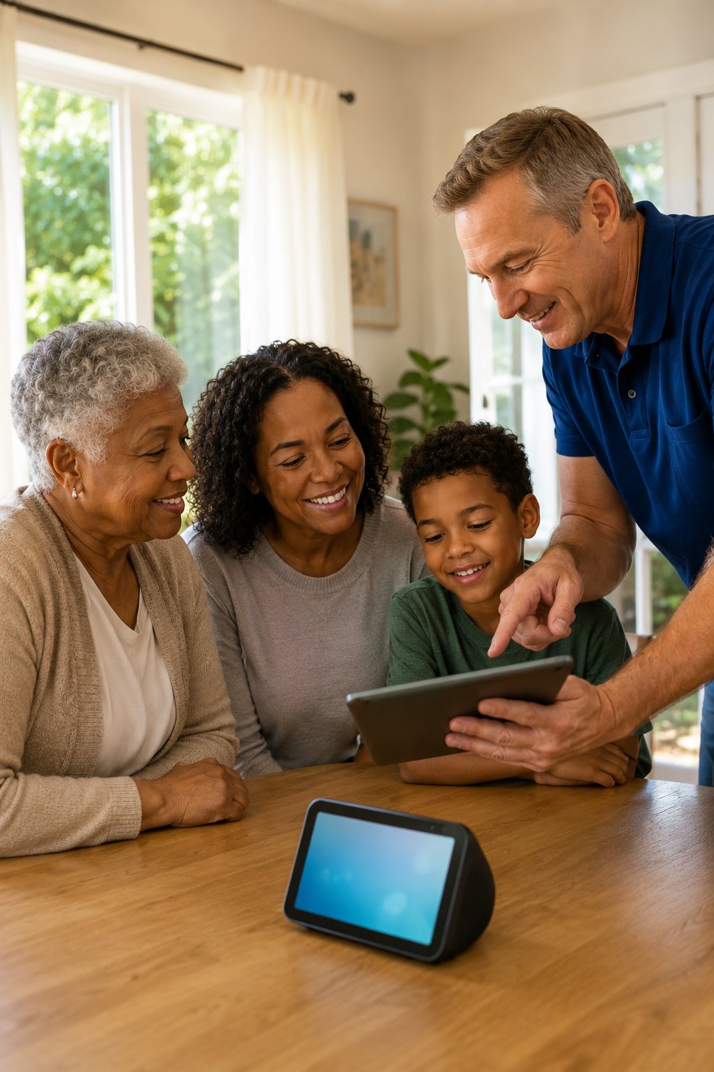 Three generations of a family smiling around the table as a Senior IT technician shows them a tablet, with a smart display on the table