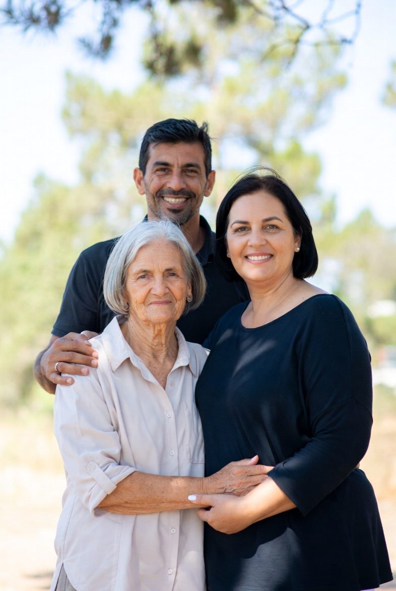 Three generations of a family standing outside together — an older mother flanked by her adult son and daughter