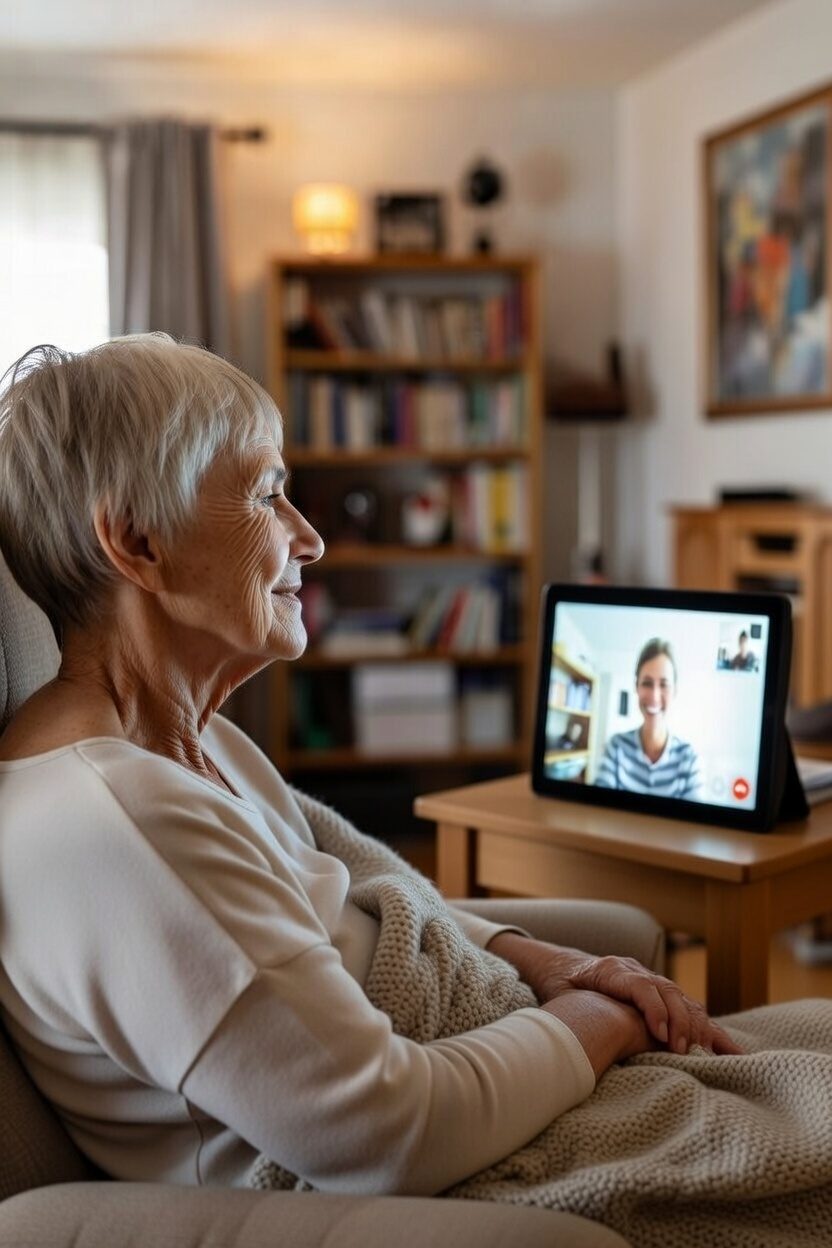 A senior mom video-calling her daughter on an iPad from her living room